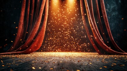 Poster - Stage curtains open to reveal sparkling golden confetti and lighting