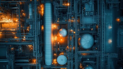 Poster - A detailed overhead view of an industrial complex at night