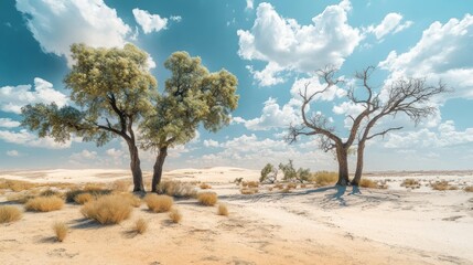 Poster - Two trees stand beside a desert expanse on a sunny day