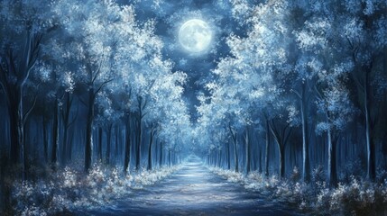 Poster - An illuminated forest path under a large bright moon above