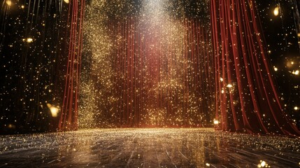 Poster - Stage curtains and lights with golden glitter sparkling effects
