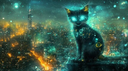 Poster - An urban feline gazing over an illuminated cityscape at night
