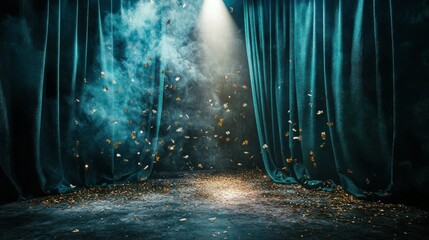 Poster - Theatrical stage with flowing smoke and golden confetti falling down