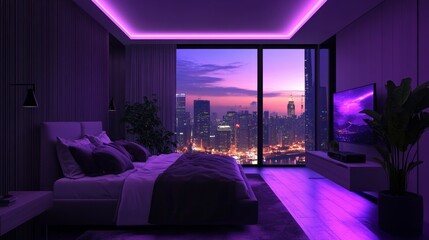 Poster - dark lit bedroom city skyline at dawn. Modern decor, large window frame view. Aesthetic bedroom interior design. Stylish bed, subtle purple lighting create calming ambiance, 32k Resolution 