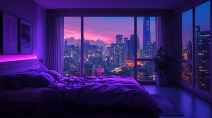 Poster - dark lit bedroom city skyline at dawn. Modern decor, large window frame view. Aesthetic bedroom interior design. Stylish bed, subtle purple lighting create calming ambiance, 32k Resolution 