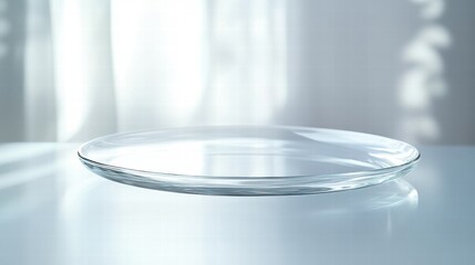 Leinwandbilder - Clear glass plate placed on a light colored surface near a window with soft natural light during daytime. Generative AI