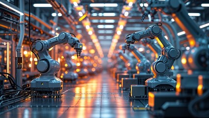 Poster - industrial automation with robotic arms in a modern manufacturing facility during the day