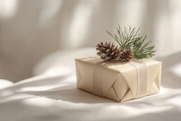 Leinwandbilder - Delicate gift with pinecones and greenery sits on a soft fabric surface in warm natural light. Generative AI