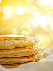 Poster - Pancakes drizzled with golden syrup served on a warm morning with a shimmering background of soft light. Generative AI