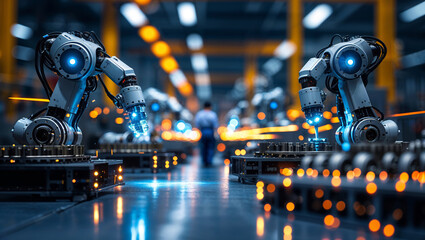 Poster - advanced robotic arms operating in a modern manufacturing facility during evening hours