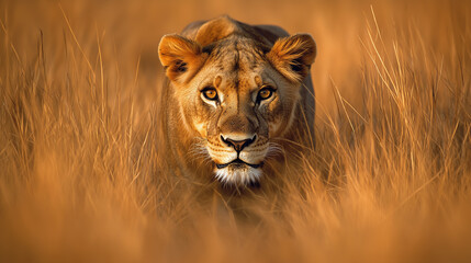  Lioness stalking through tall golden grass during sunset in the African savanna, showcasing natural beauty and wildlife behavior