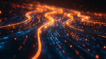 Aufkleber - Digital roadmap for business process modernization. Dynamic glowing path illustrates digital transformation strategy. Abstract tech design shows network connections, data flow. 32k image