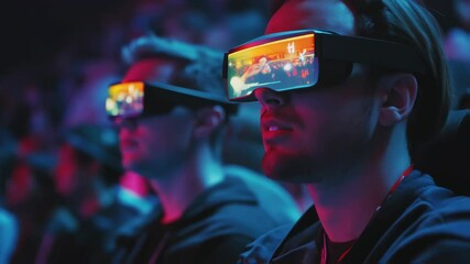 Poster - conference participants wearing smart glasses, experiencing augmented reality during high tech event