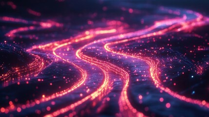 Aufkleber - Digital roadmap for business process modernization. Dynamic glowing path illustrates digital transformation strategy. Abstract tech design shows network connections, data flow. 32k image