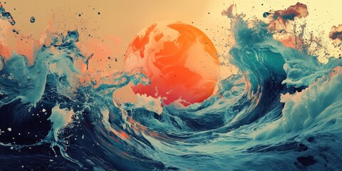 Poster - An abstract illustration shows large waves surrounding a bright sphere