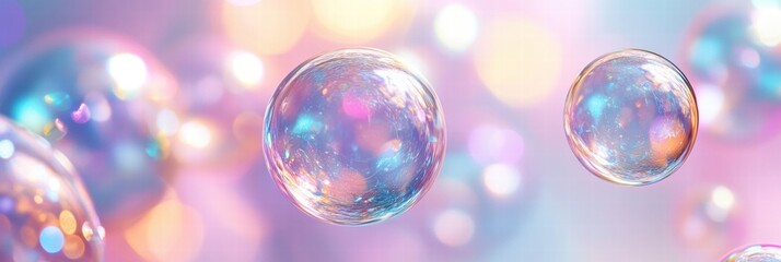 Fototapete - Colorful soap bubbles floating against a dreamy pastel background during daytime. Generative AI