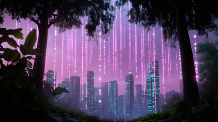 Aufkleber - Glowing digital rain streaming over neon-lit cyberpunk cityscape, surrounded by dense forest silhouettes under starry night sky