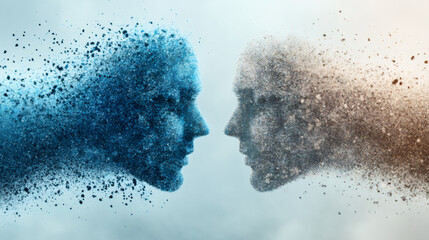 Aufkleber - Two human heads dissolving into small particles, facing each other against a soft light blue background, evoke themes of connection and emotion