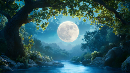 Poster - Magical night forest with full moon illuminating river and trees, creating a mystical and enchanting atmosphere