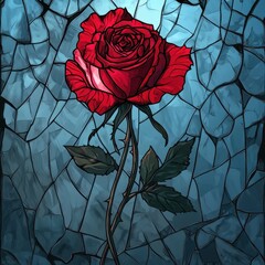 Poster - A vibrant red rose illustration on a stained glass window background