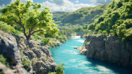 Poster - Breathtaking aerial view of canyon with turquoise river flowing through lush green vegetation on sunny summer day