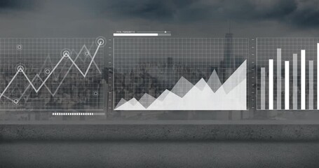 Poster - Graph and bar chart animation over cityscape background, illustrating data analysis
