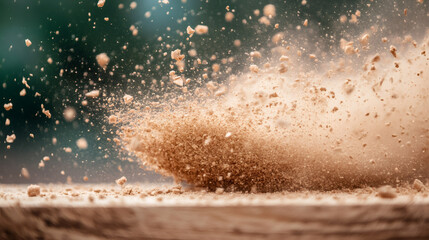 Poster - Cocoa powder exploding upwards after hitting wooden surface, creating dust cloud, on dark green background