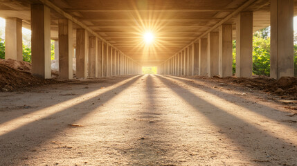 Poster - Sun shining at the end of a highway overpass bridge still under construction, creating beautiful light rays and shadows