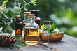 © ArtSys - Bottles of tincture or potion, organic essential oils, dry healthy herbs, floral extracts on wooden table. Pure natural ingredients for cosmetic production. Concept of alternative herbal medicine