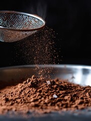 Poster - Sifting cocoa powder into a silver bowl creating a fine texture for baking. Generative AI