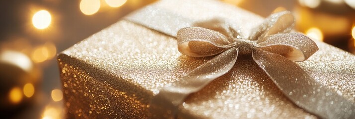 Aufkleber - Gift wrapped in glittering gold with festive lights in the background creating a cheerful holiday atmosphere. Generative AI