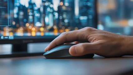 Poster - Close up of a hand skillfully maneuvering a wireless mouse on a desk, against the backdrop of a vibrant city skyline displayed on a computer monitor