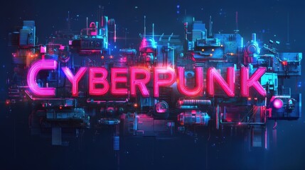 Poster - Illuminated Cyberpunk Text Rests Above Futuristic Architectural Constructions