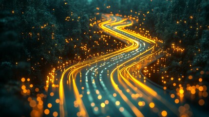 Aufkleber - Digital roadmap for business process modernization. Dynamic glowing path illustrates digital transformation strategy. Abstract tech design shows network connections, data flow. 32k image