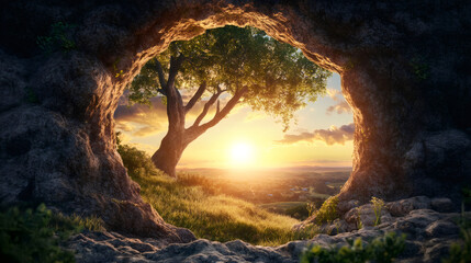 Poster - Sunset illuminating a picturesque valley viewed from inside a cave, creating a stunning natural frame