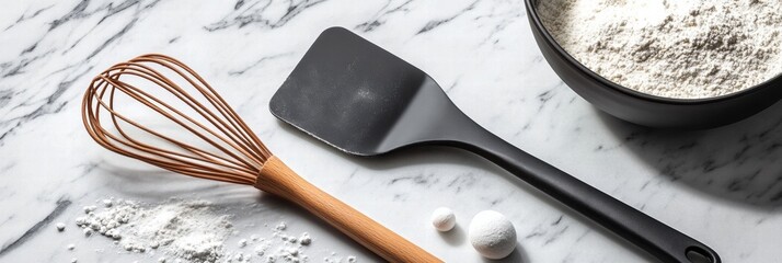 Poster - Baking tools arranged neatly on a marble countertop with flour and sugar scattered around. Generative AI