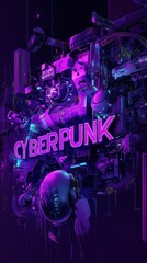 Poster - An abstract futuristic cyberpunk illustration in neon colors displays the word