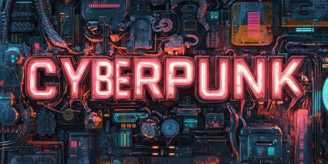 Poster - A neon lit cyberpunk sign displayed against a technological backdrop