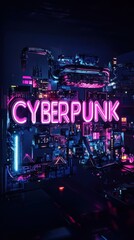 Poster - Neon lights highlight intricate futuristic buildings in the cyberpunk world