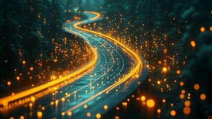 Aufkleber - Digital roadmap for business process modernization. Dynamic glowing path illustrates digital transformation strategy. Abstract tech design shows network connections, data flow. 32k image