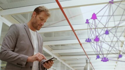 Poster - using smartphone, businessman interacting with digital network animation overlay
