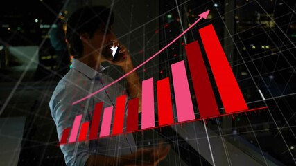 Poster - Businessman talking on phone with upward red bar graph overlay animation