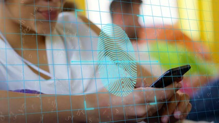 Poster - Fingerprint scanning animation over person using smartphone in colorful setting