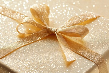 Poster - Sparkling golden gift box wrapped with shiny ribbon ready for celebration at a holiday gathering. Generative AI