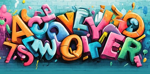 Poster - Colorful Graffiti Style Art Displayed Against A Textured Brick Wall