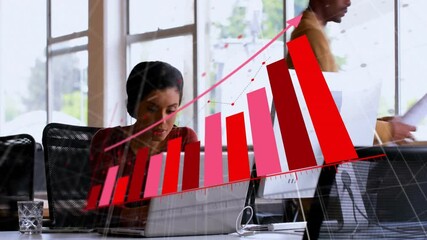 Poster - Businesswoman working on laptop with red bar graph animation over office scene