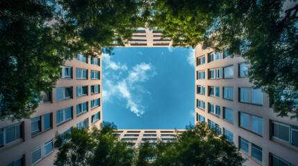 Aufkleber - Low angle view of apartment buildings with green trees surrounding them, framing a blue sky with some clouds