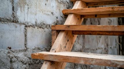 Poster - Construction wooden stairs resting against gray concrete wall during building project