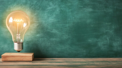 Aufkleber - Lit light bulb on wooden block with green chalkboard background suggesting innovation, knowledge, and education