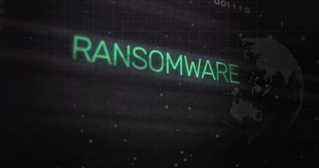 Poster - ransomware animation with digital world map and binary code in background